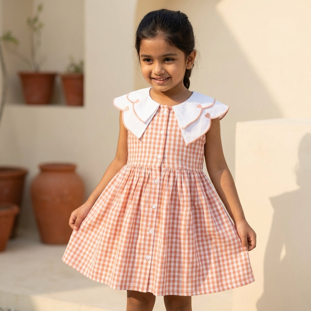 Peach Gingham Collar Dress for Girls