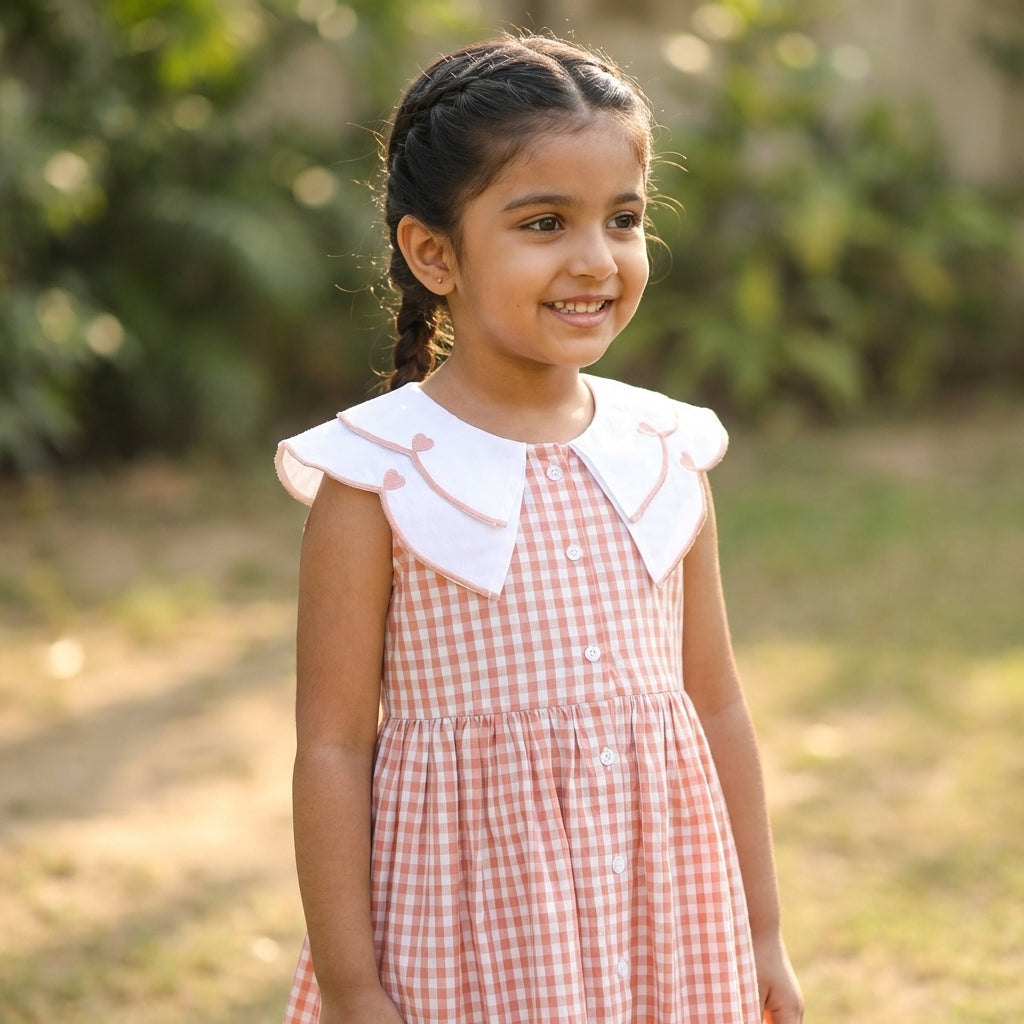 Peach Gingham Collar Dress for Girls