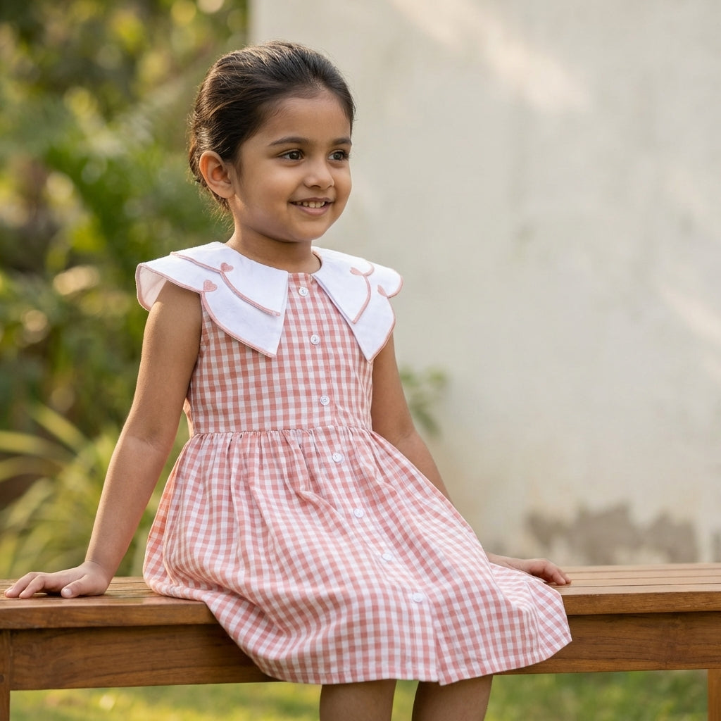 Peach Gingham Collar Dress for Girls