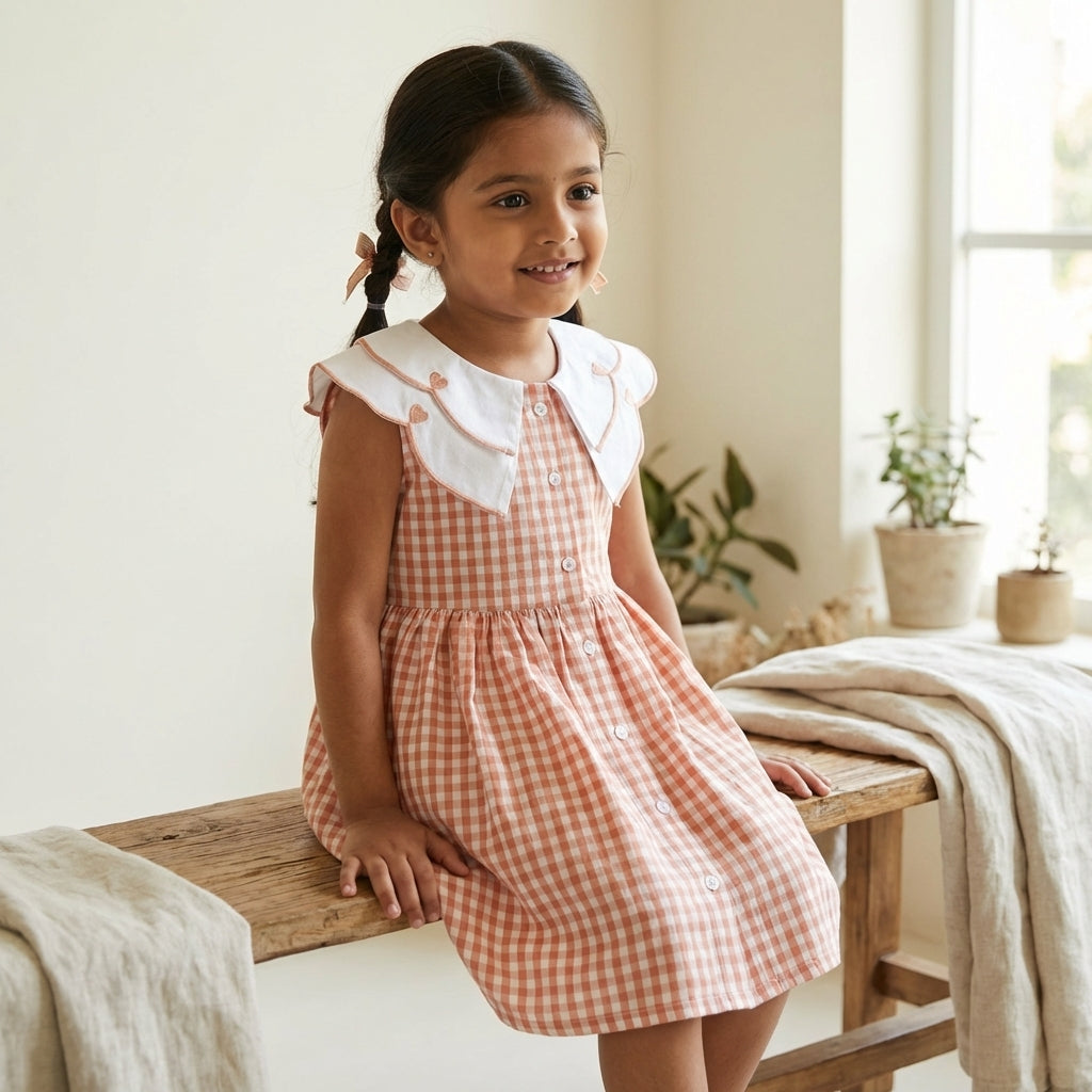 Peach Gingham Collar Dress for Girls