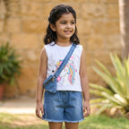 Unicorn Print Top & Denim Shorts Set for Girls