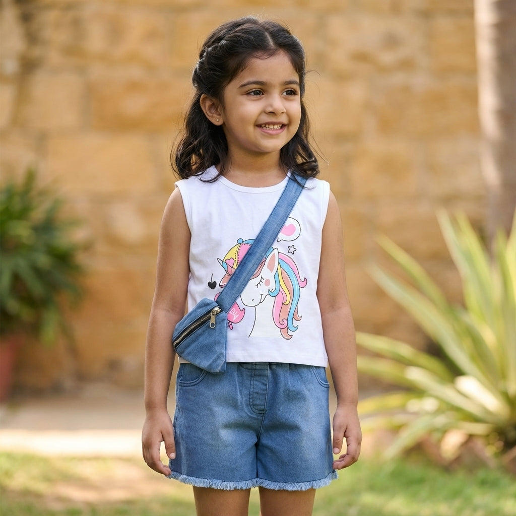 Unicorn Print Top & Denim Shorts Set for Girls