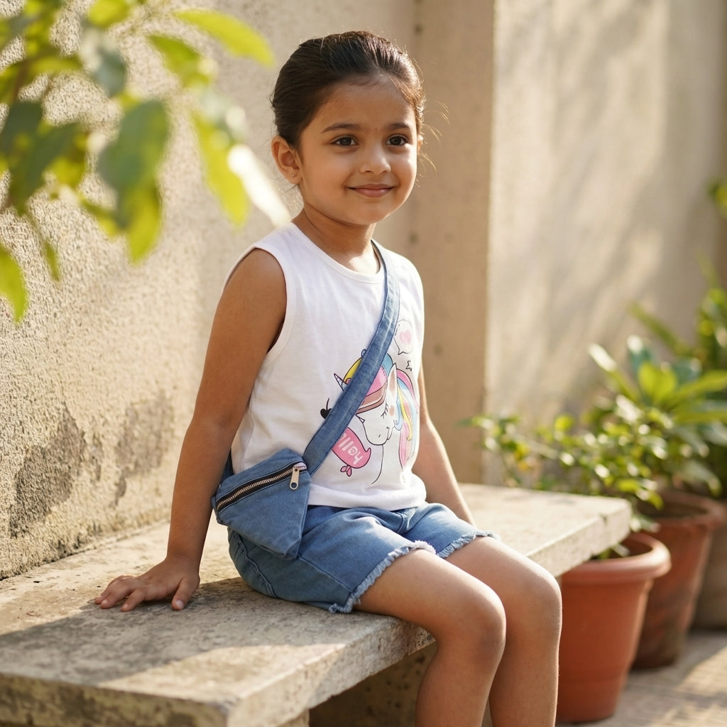 Unicorn Print Top & Denim Shorts Set for Girls