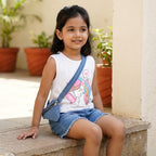 Unicorn Print Top & Denim Shorts Set for Girls