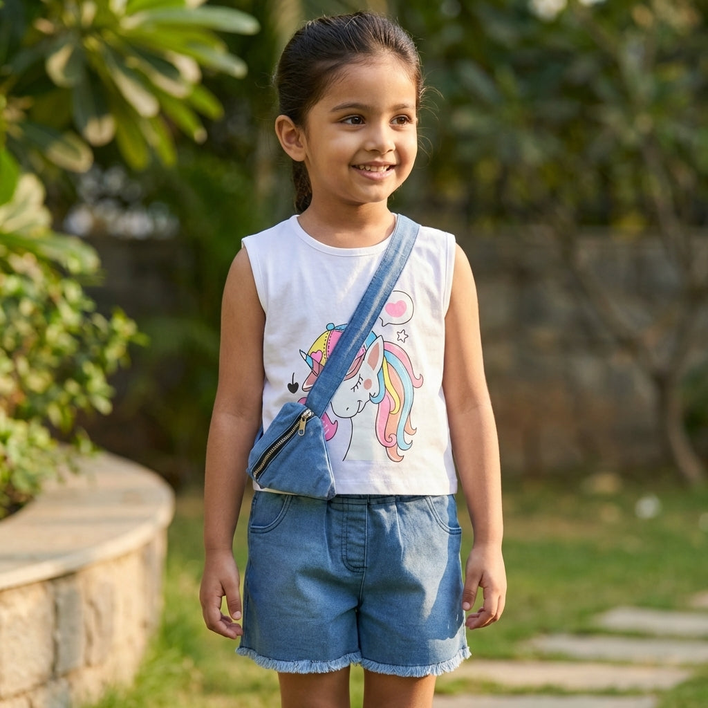 Unicorn Print Top & Denim Shorts Set for Girls