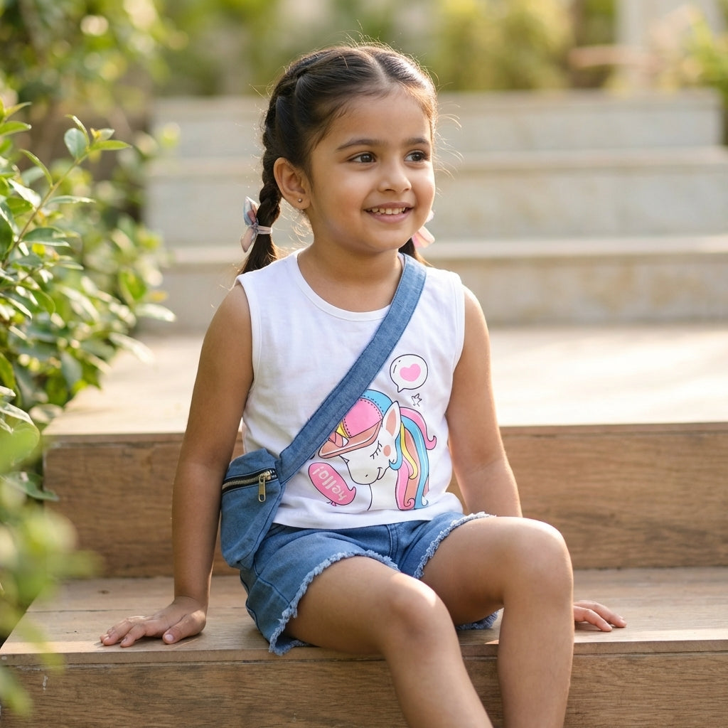 Unicorn Print Top & Denim Shorts Set for Girls