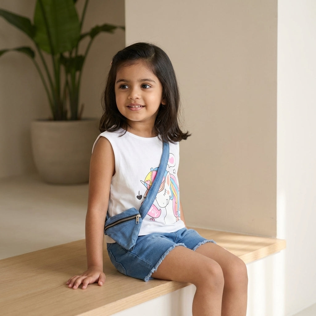 Unicorn Print Top & Denim Shorts Set for Girls