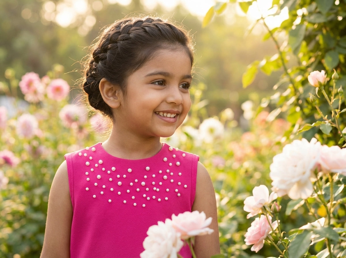 Rose Pearl Embellished Sleeveless Dress for Girls