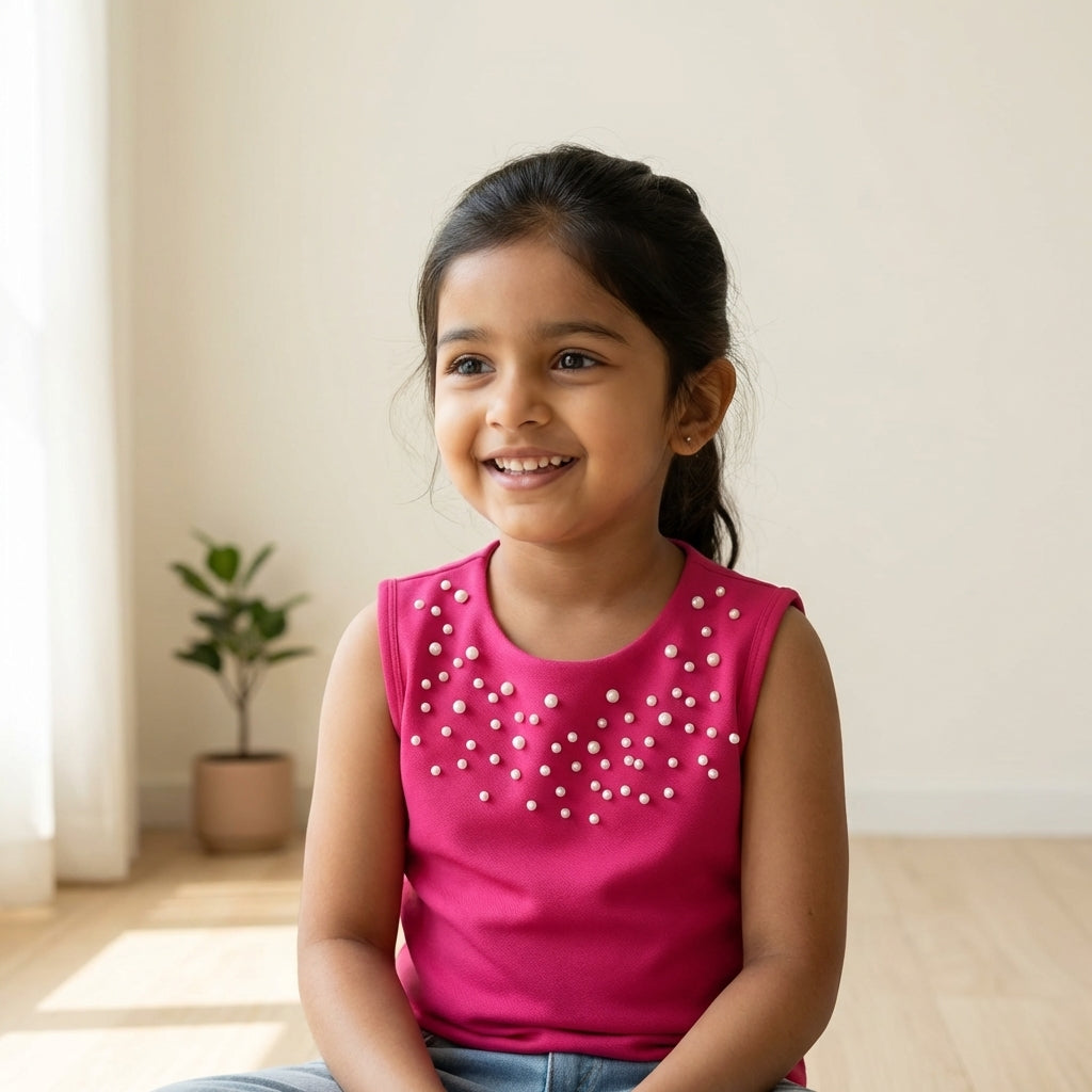 Rose Pearl Embellished Sleeveless Dress for Girls