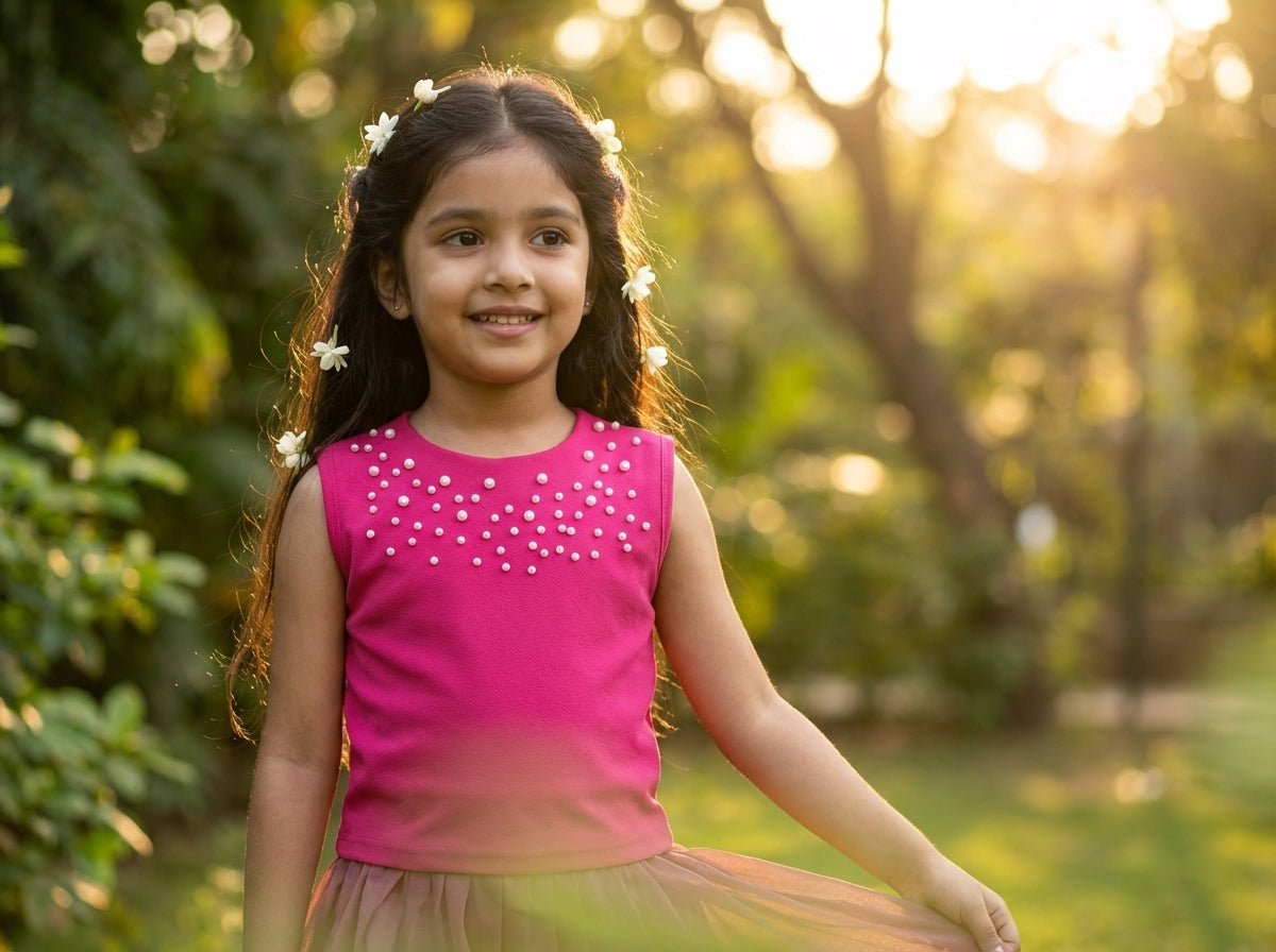 Rose Pearl Embellished Sleeveless Dress for Girls