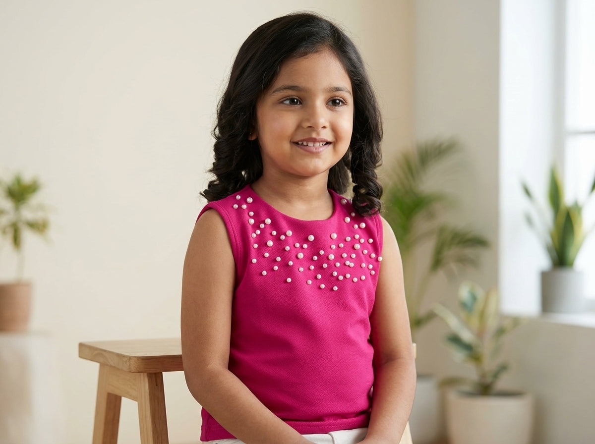 Rose Pearl Embellished Sleeveless Dress for Girls