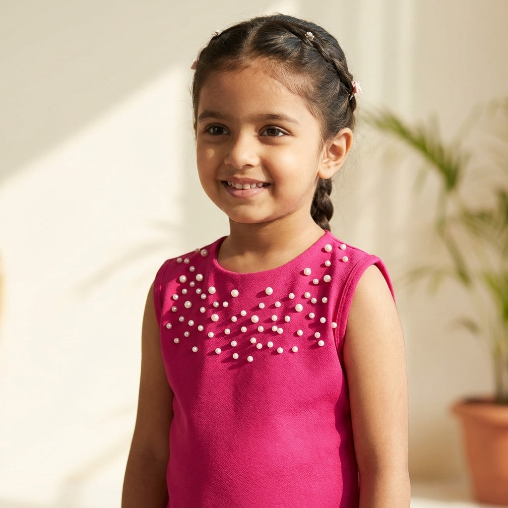 Rose Pearl Embellished Sleeveless Dress for Girls