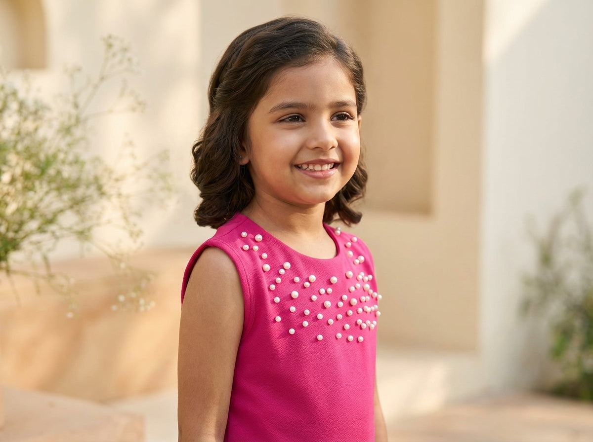 Rose Pearl Embellished Sleeveless Dress for Girls