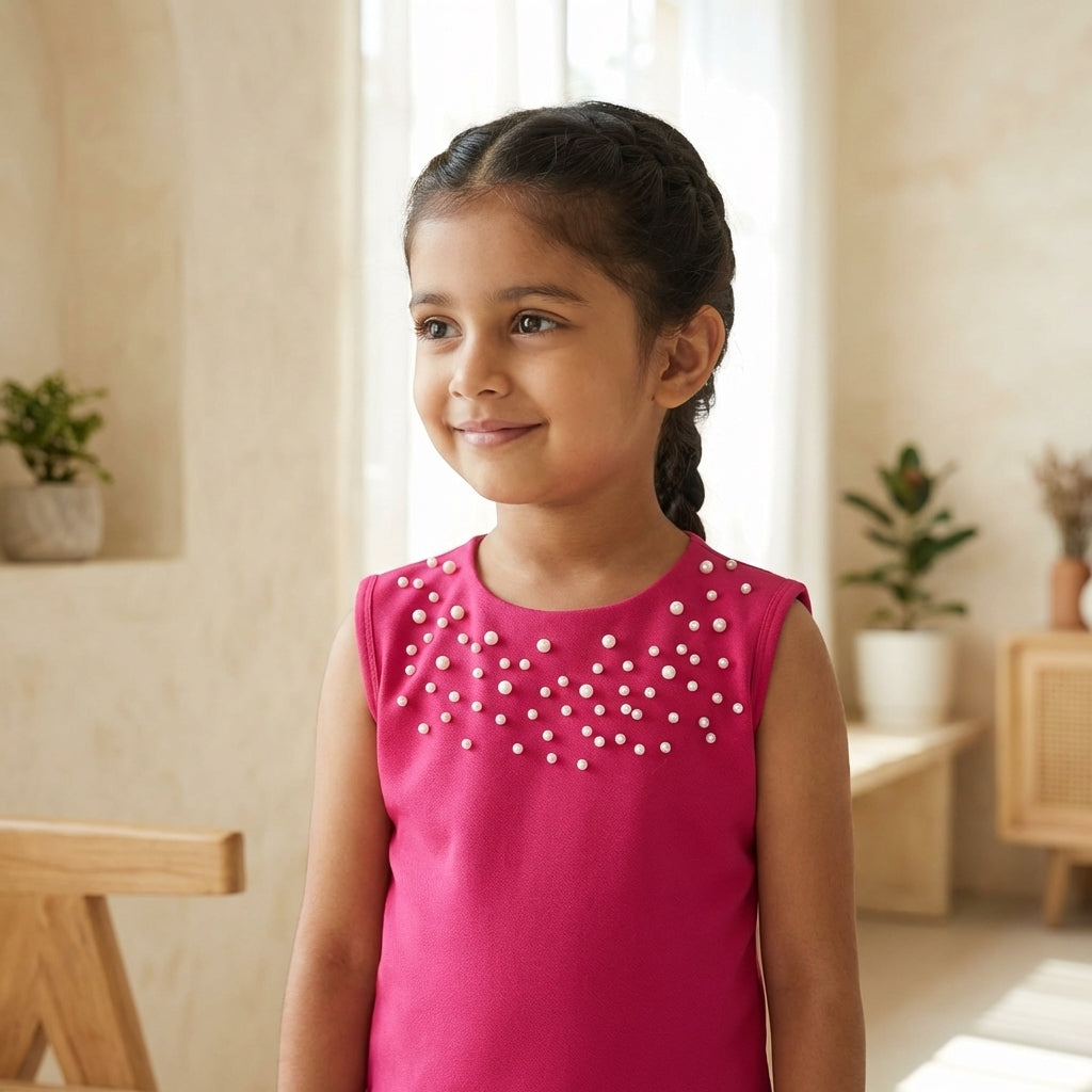 Rose Pearl Embellished Sleeveless Dress for Girls