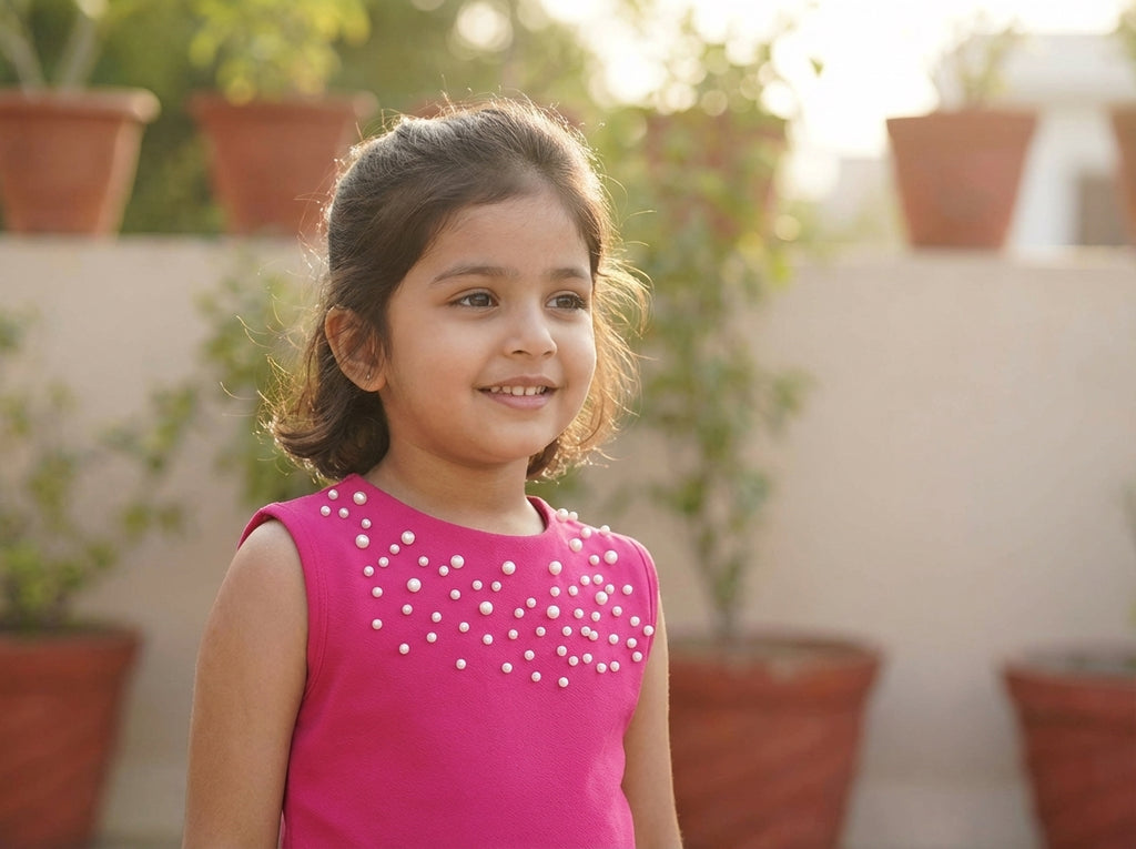 Rose Pearl Embellished Sleeveless Dress for Girls