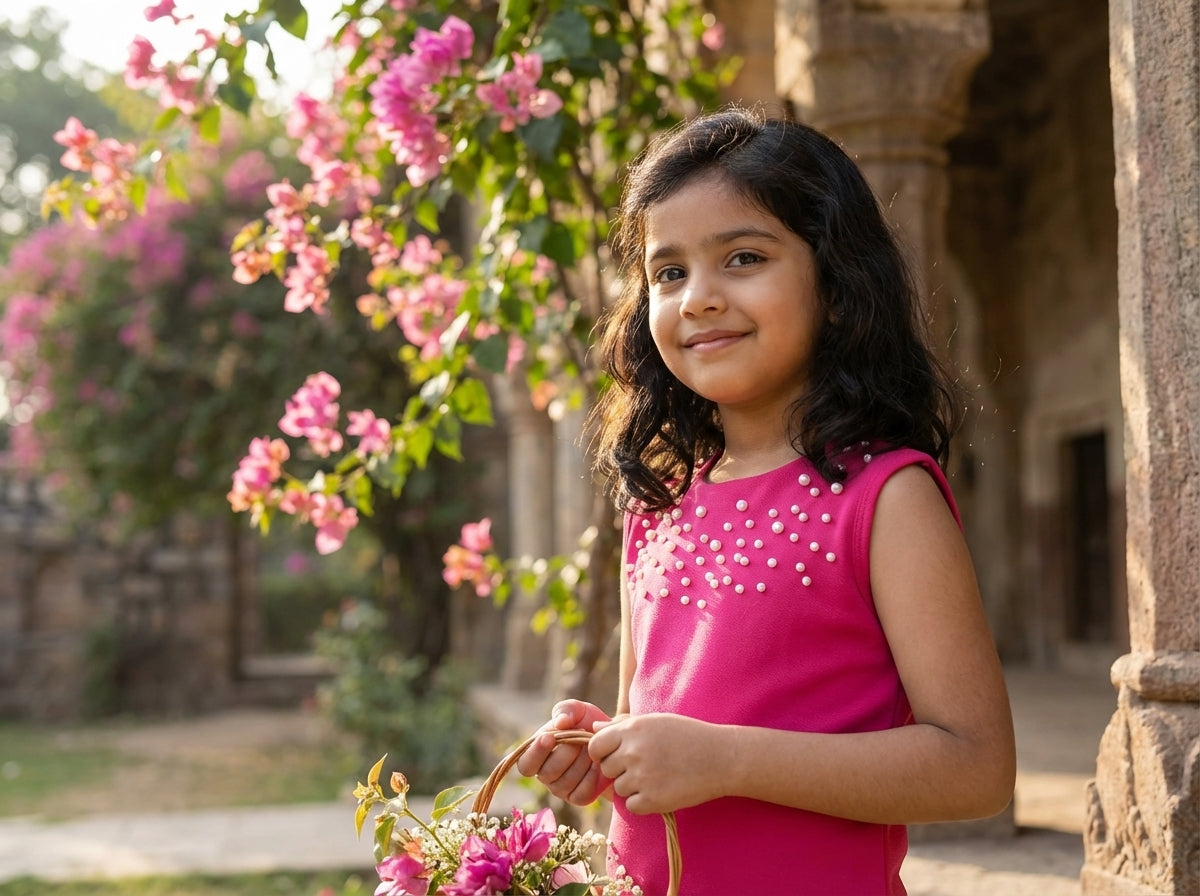 Rose Pearl Embellished Sleeveless Dress for Girls