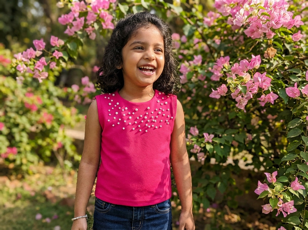 Rose Pearl Embellished Sleeveless Dress for Girls