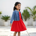 Scarlet Dress with Pearl Denim Jacket Set for Girls