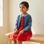 Scarlet Dress with Pearl Denim Jacket Set for Girls