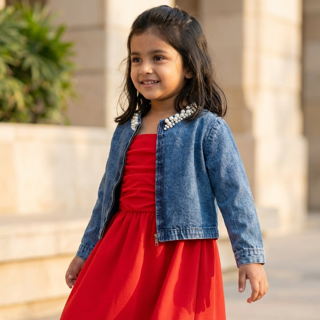 Scarlet Dress with Pearl Denim Jacket Set for Girls