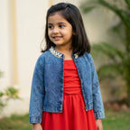 Scarlet Dress with Pearl Denim Jacket Set for Girls