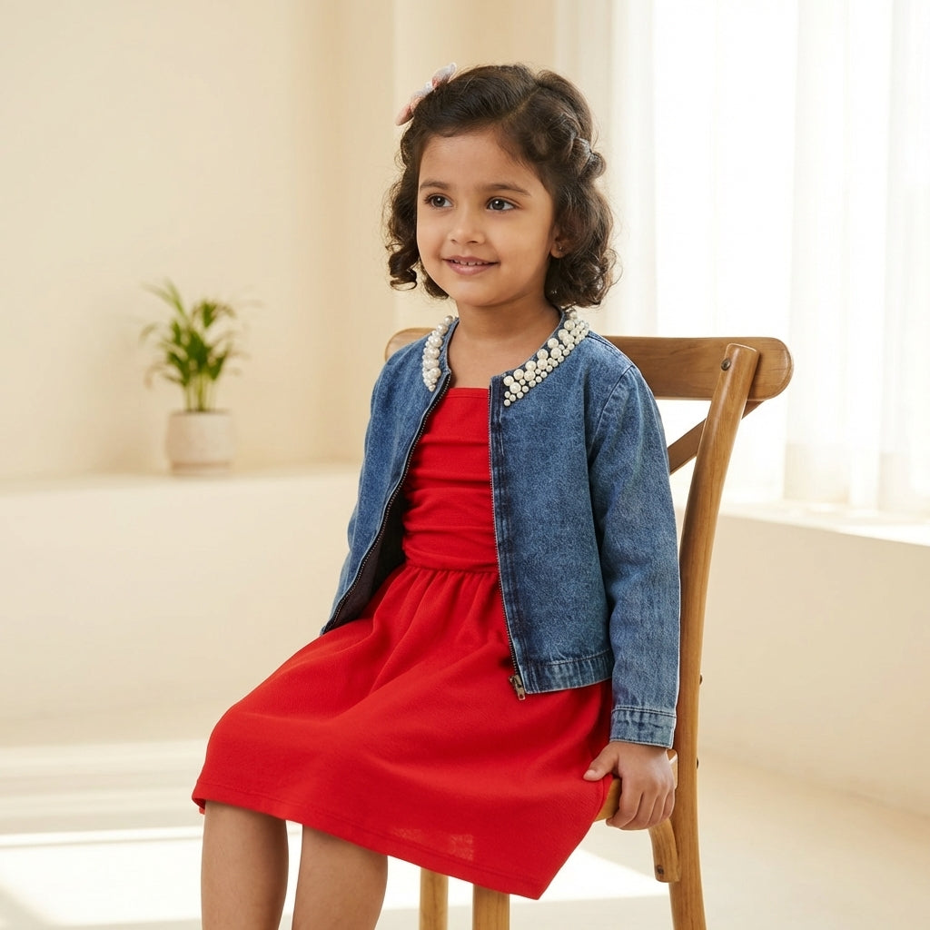 Scarlet Dress with Pearl Denim Jacket Set for Girls