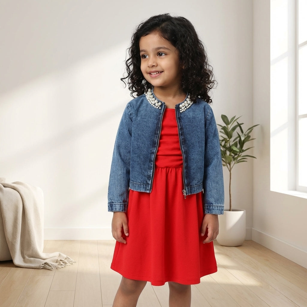 Scarlet Dress with Pearl Denim Jacket Set for Girls