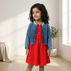 Scarlet Dress with Pearl Denim Jacket Set for Girls