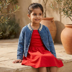 Scarlet Dress with Pearl Denim Jacket Set for Girls
