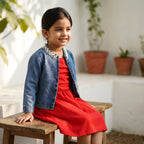 Scarlet Dress with Pearl Denim Jacket Set for Girls