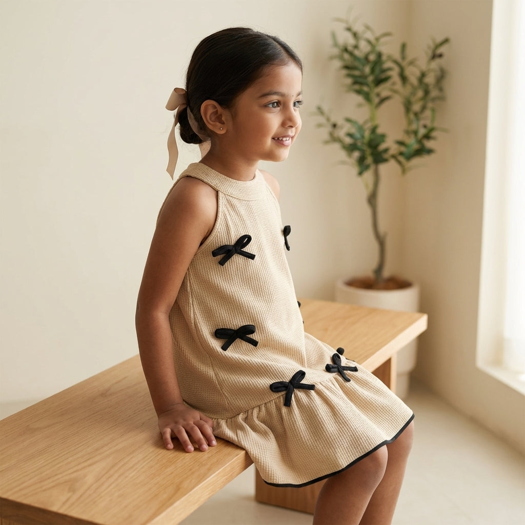 Beige Bow Detail Textured Dress for Girls