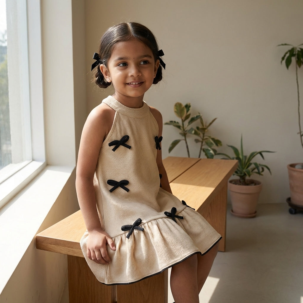 Beige Bow Detail Textured Dress for Girls