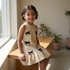 Beige Bow Detail Textured Dress for Girls
