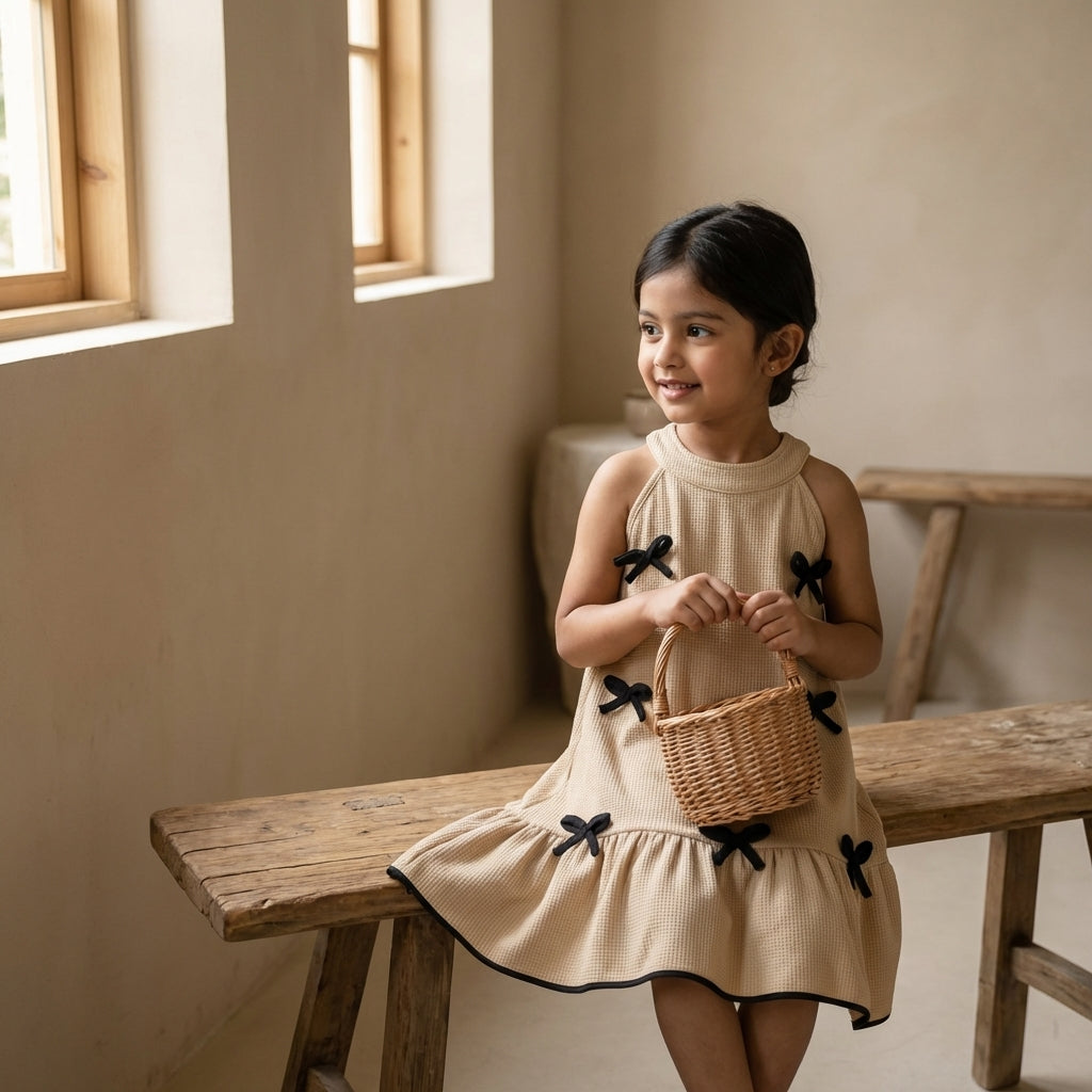Beige Bow Detail Textured Dress for Girls