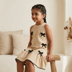 Beige Bow Detail Textured Dress for Girls