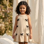 Beige Bow Detail Textured Dress for Girls