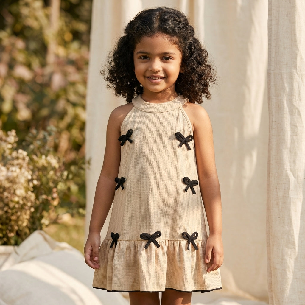 Beige Bow Detail Textured Dress for Girls