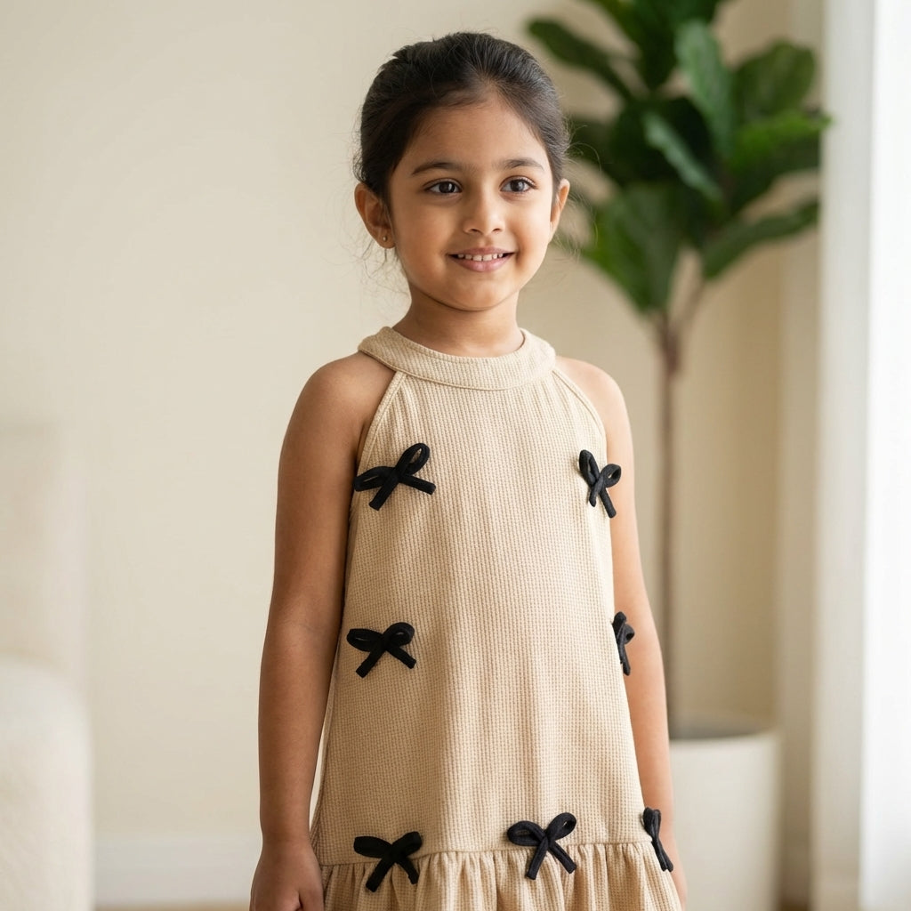 Beige Bow Detail Textured Dress for Girls