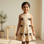 Beige Bow Detail Textured Dress for Girls