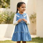 Blue Denim Layered Dress with Lace Collar for Girls