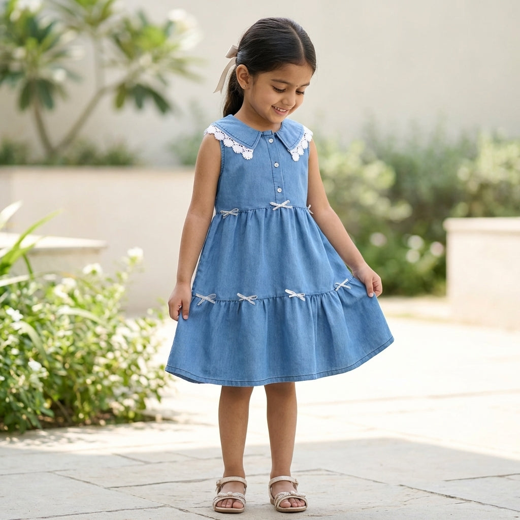 Blue Denim Layered Dress with Lace Collar for Girls