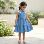 Blue Denim Layered Dress with Lace Collar for Girls
