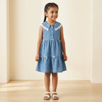 Blue Denim Layered Dress with Lace Collar for Girls