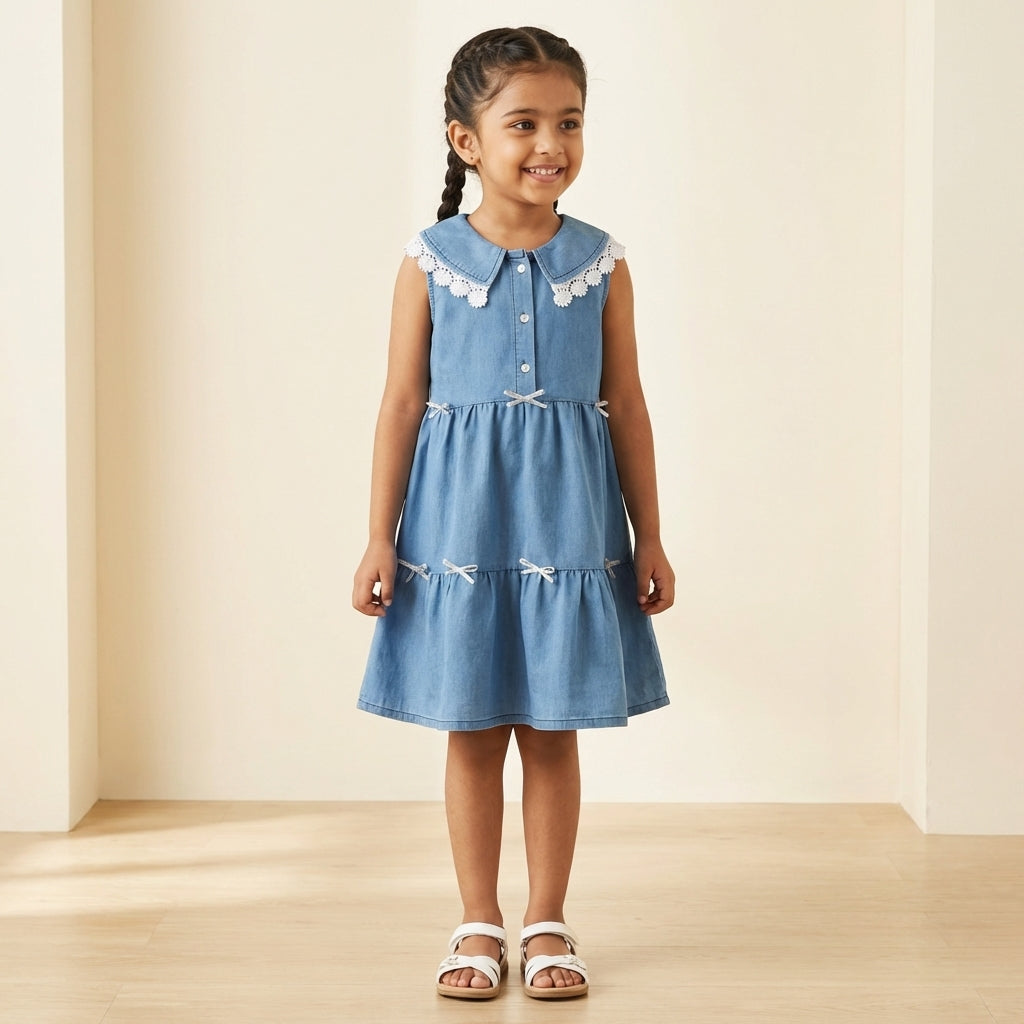 Blue Denim Layered Dress with Lace Collar for Girls