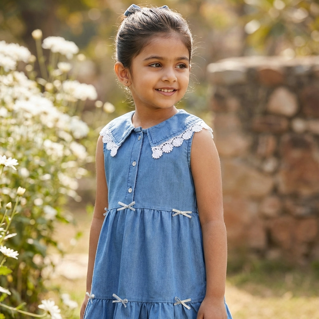 Blue Denim Layered Dress with Lace Collar for Girls