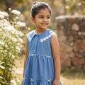 Blue Denim Layered Dress with Lace Collar for Girls