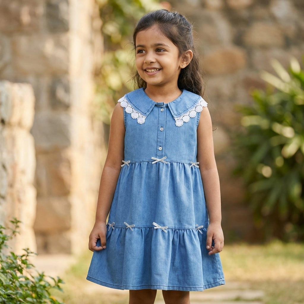 Blue Denim Layered Dress with Lace Collar for Girls