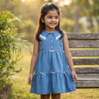 Blue Denim Layered Dress with Lace Collar for Girls