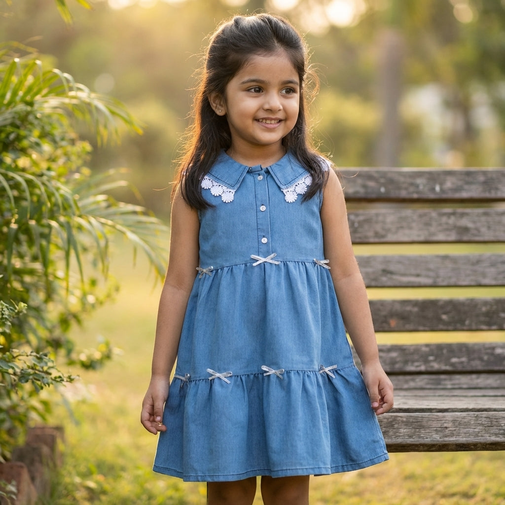 Blue Denim Layered Dress with Lace Collar for Girls