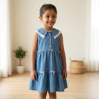 Blue Denim Layered Dress with Lace Collar for Girls